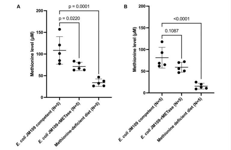 Figure 4. Blood methionine level at day 15 (A) and day 29 (B).