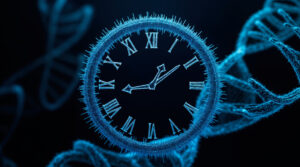 Futuristic digital clock face with DNA helix, representing time and genetics, glowing blue on dark background, concept of biological aging