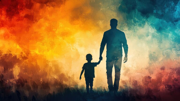 Autism awareness picture. Father holding hand of his autistic child.